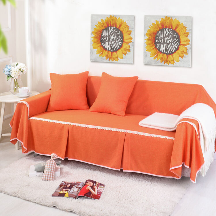 亚麻纯色沙发巾沙发罩沙发套全盖 沙发垫全包贵妃组合定制 仿麻橙色