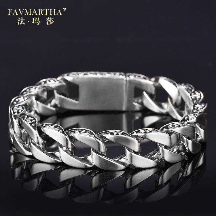 法玛莎 925纯银手链男三叶草潮流个性欧美男士手链简约复古霸气韩版粗