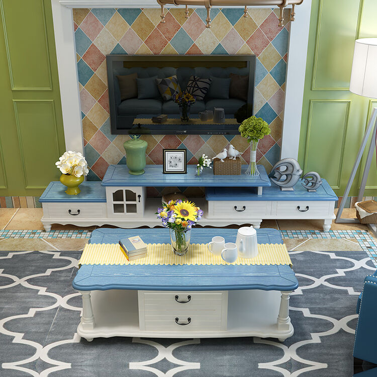 地中海蓝色风格伸缩电视柜茶几组合套装现代田园小户型客厅家具 1.