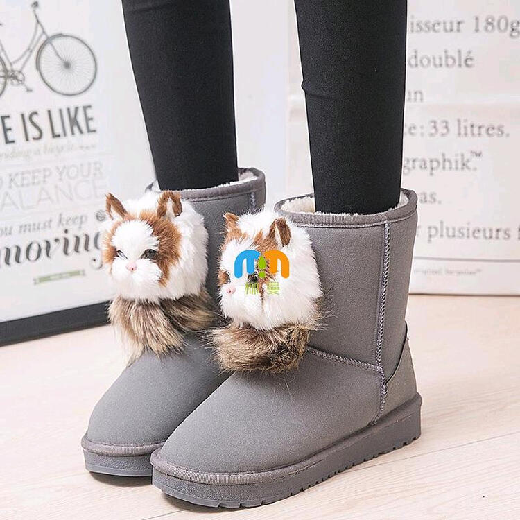 柳曼2017新款平底雪地靴女可爱猫咪头中高筒靴厚底加绒保暖女鞋 灰色