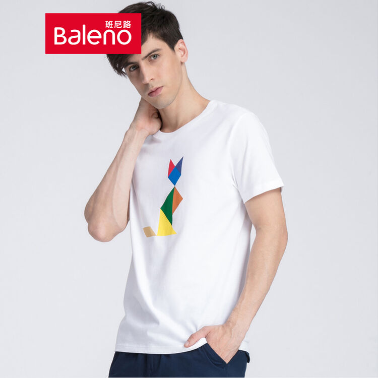 【预售】baleno/班尼路时尚七巧板印花短袖t恤男 新款纯棉圆领夏装男