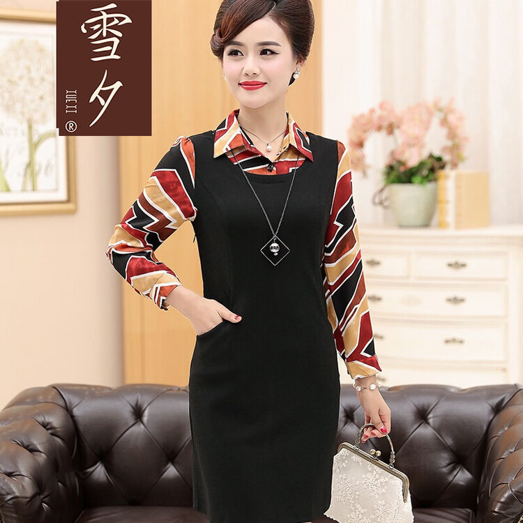 雪夕妈妈装秋装中长款连衣裙2017中老年女装秋季长袖时尚裙子40-50岁