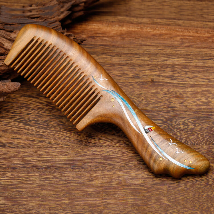 树娃 绿檀一帆风顺手绘梳 玉檀木护发养发梳子按摩家