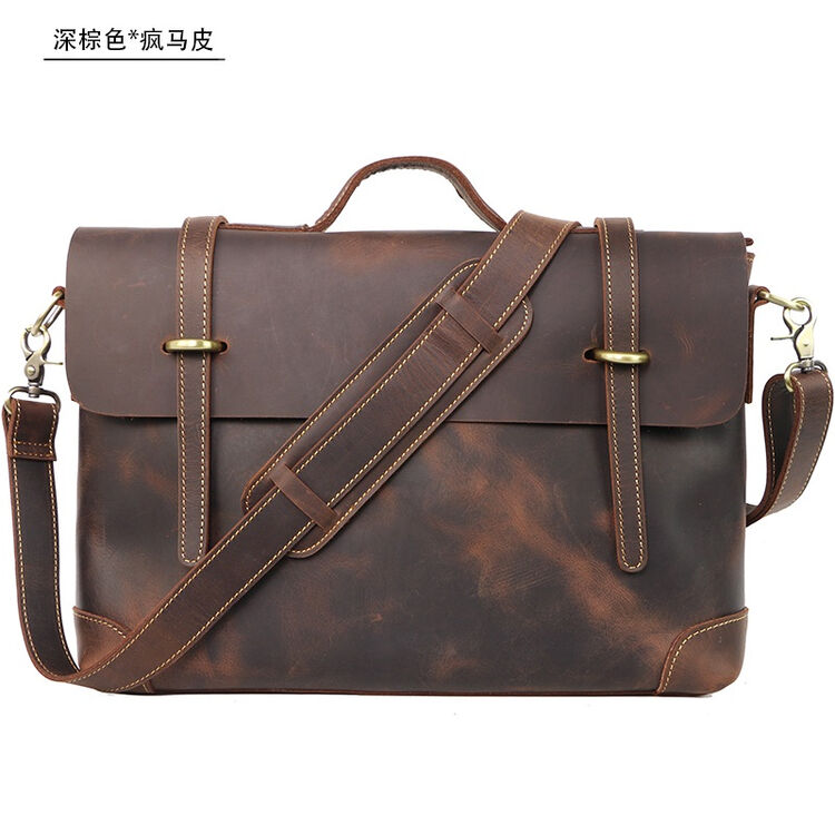 复古 疯马皮包 男 商务 邮差包 机车 手提 单肩斜挎男包 公文包 深