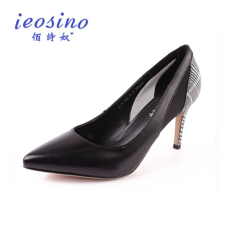 佰诗奴女鞋2018春款真皮浅口高跟鞋尖头细跟镂空性感单鞋2582823 黑色