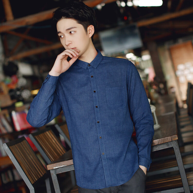 2018春季衬衫男长袖亚麻韩版青休闲衬衣色内搭棉麻简约潮 蓝色 3xl