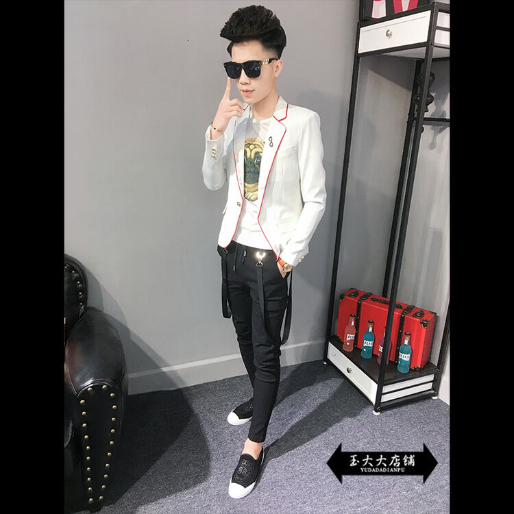 社会精神小伙男士修身紧身春季时尚条纹纯色翻领夹克小西装外套潮