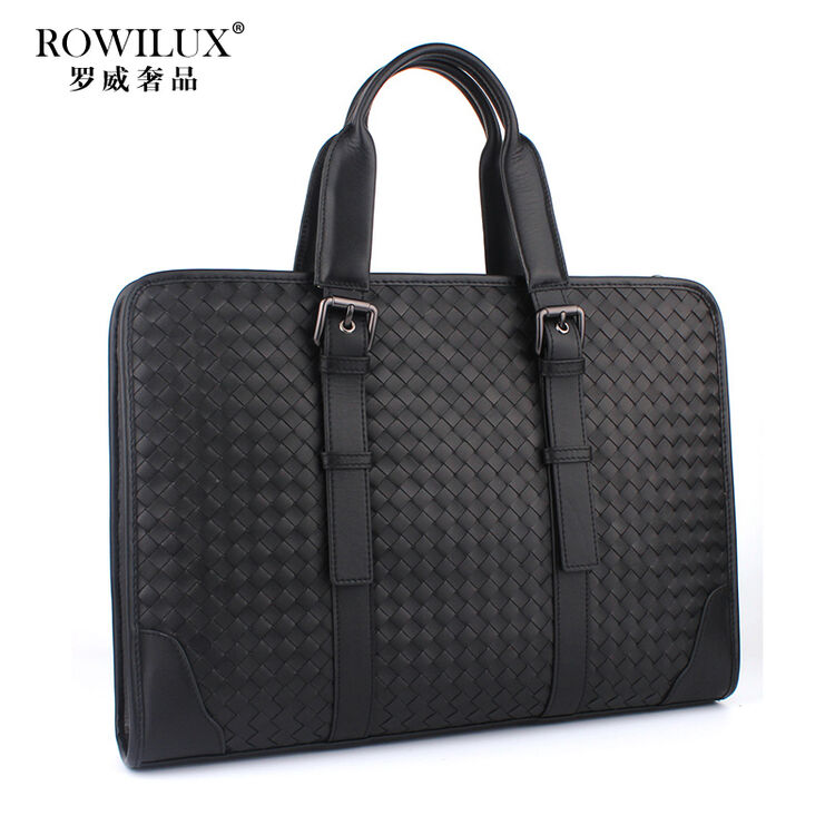 rowilux罗威奢品牌男士公文包2017冬季新款牛皮商务编织手提单肩包男