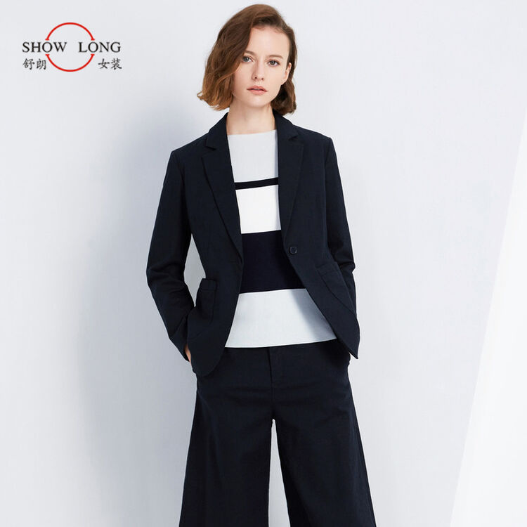 舒朗2018春新款小西服女休闲显瘦一粒扣短款亚麻西装外套 黑色 7/s