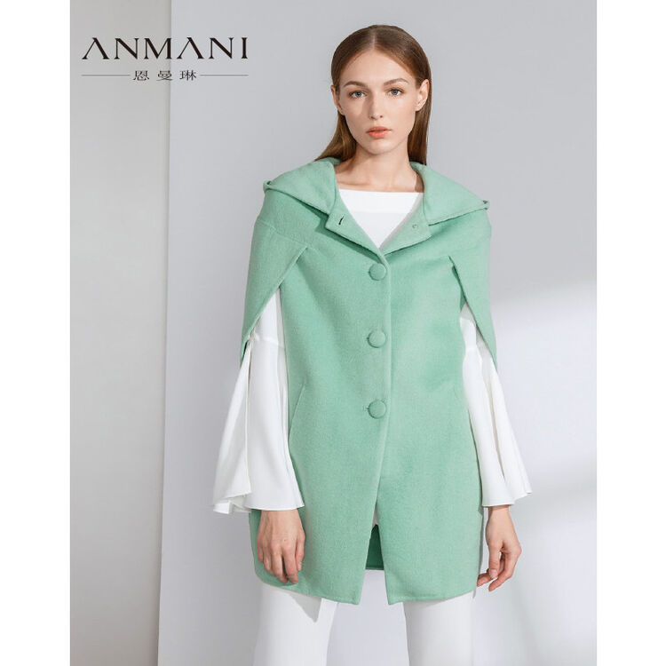 恩曼琳anmani 时尚单排扣斜插袋连帽斗篷外套 绿色 04(160/80a)