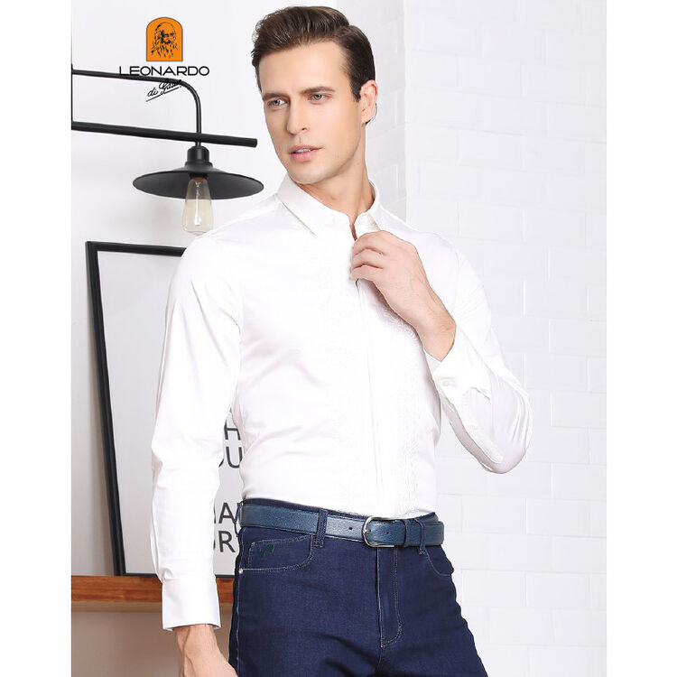 利奥纳多leonardo di gasun 弹力棉混纺门襟时尚绣花休闲长衬 白色 48