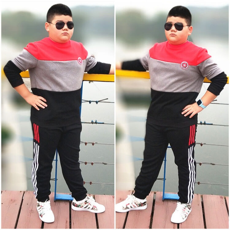胖男童装春季加肥加大运动休闲卫衣裤子二件套装大码宽松胖孩 黑色201