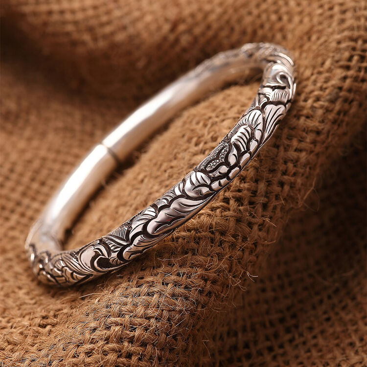 百银s99足银精品 国色天香 牡丹 圆条深雕工艺纯银手镯 中号