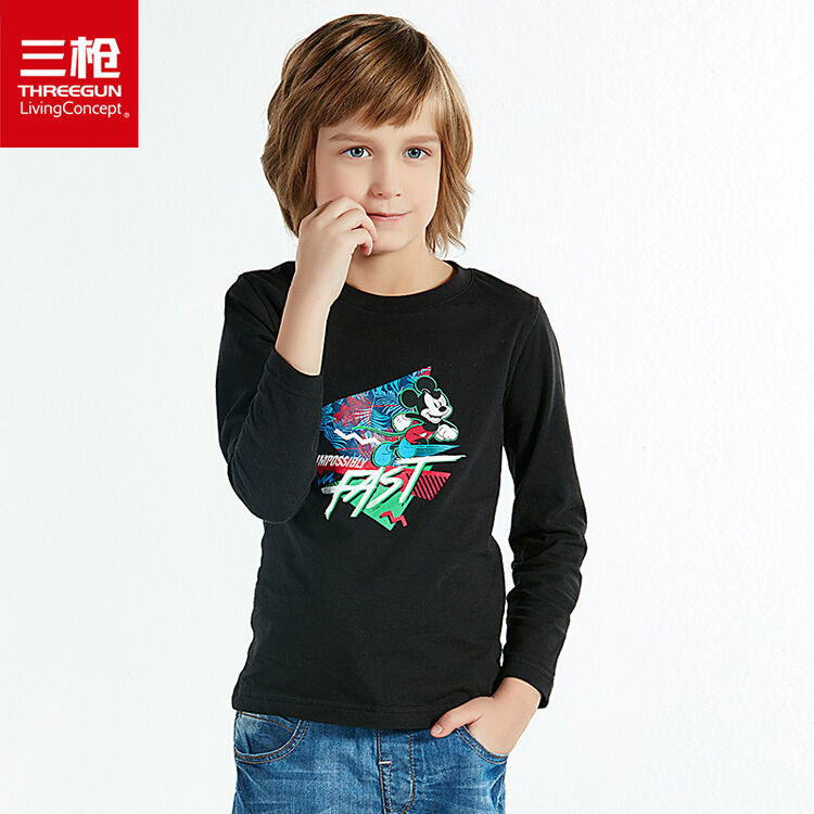 三枪童装 迪士尼米奇系列 柔软棉质男童儿童圆领长袖衫t恤黑 130