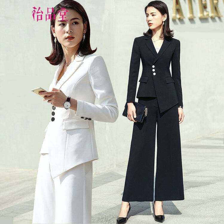 新款女时尚阔腿裤两件套气质不规则白色西装女时髦套装裙 黑色裤子 xl