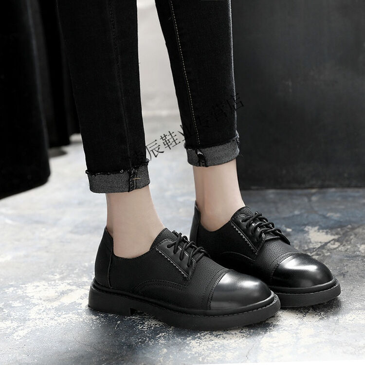 小皮鞋女单鞋平底2018春季女复古英伦风女鞋子韩版百搭学生 黑色 35