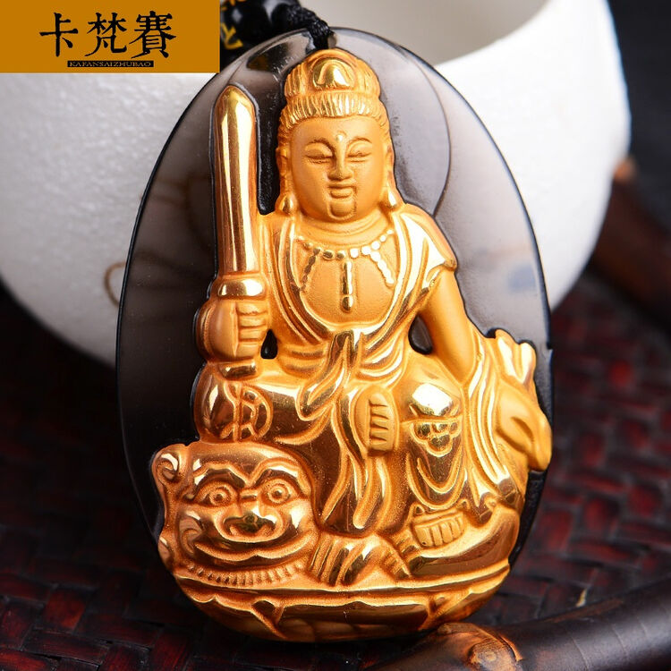 卡梵赛饰品珠宝黑曜石生肖属兔文殊菩萨吊坠本命佛守护神男女项链吉祥