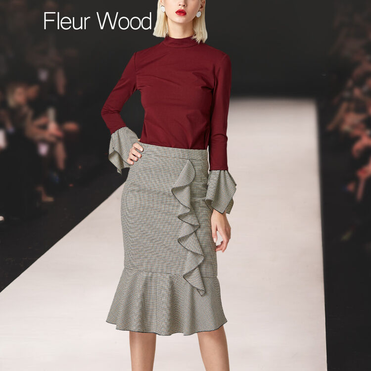 fleur wood2018新款春装女时尚上衣中长款鱼尾裙两件时髦套装 酒红色