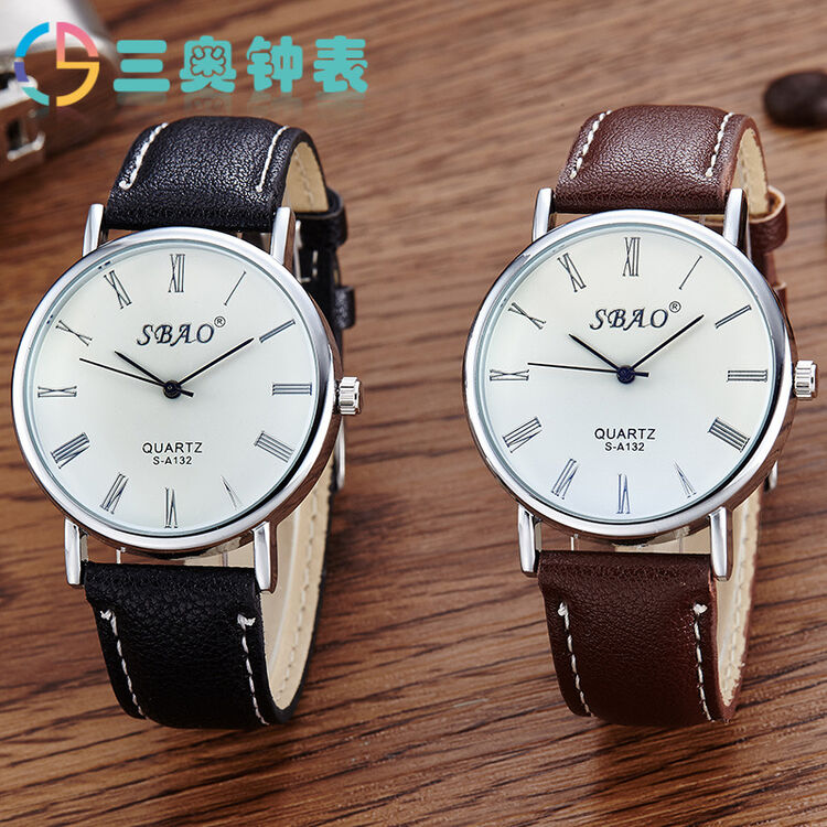 三奥2018新款韩版时尚男款皮带手表超薄石英男士大盘手表w7c0019 黑带