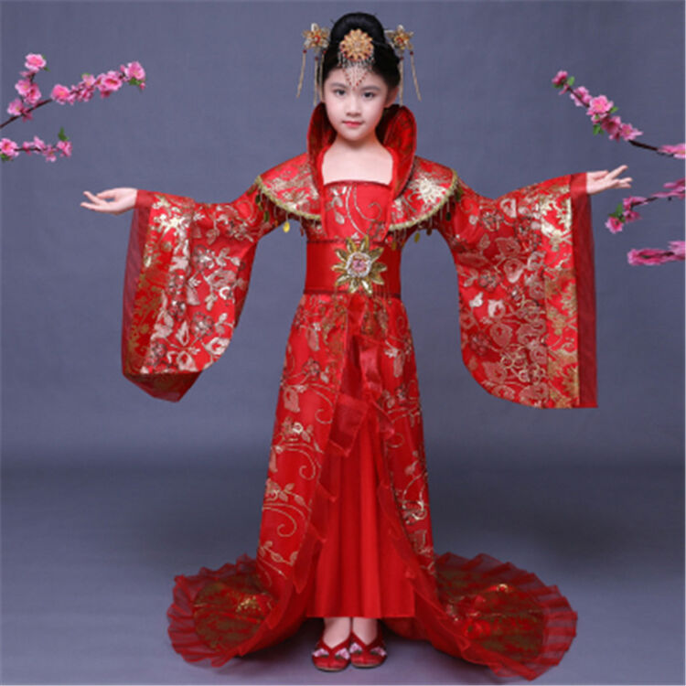儿童古装女唐朝大拖尾贵妃雍容华贵皇后公主走秀摄影服装礼服 红色