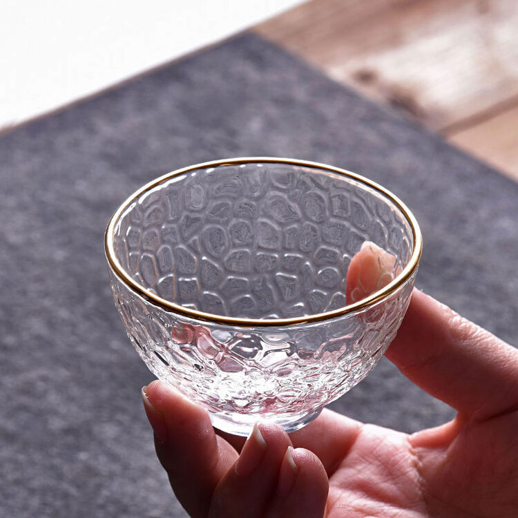 茶杯 锤纹品茗杯茶具 功夫茶玻璃分茶器小茶杯 金色圆边锤纹杯-60ml