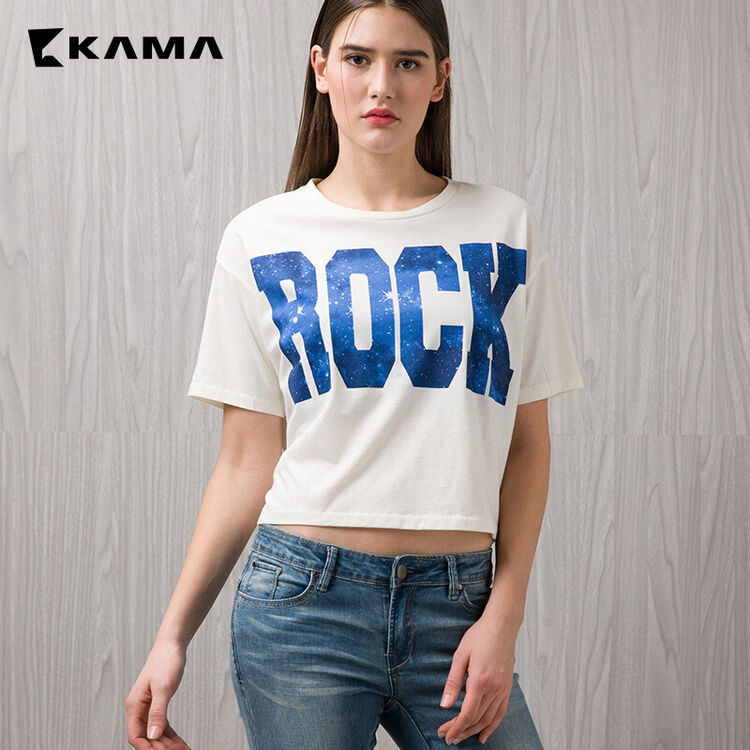 卡玛kama 春季女装短袖 时尚字母印花罗纹圆领短款t恤女7116557 白色