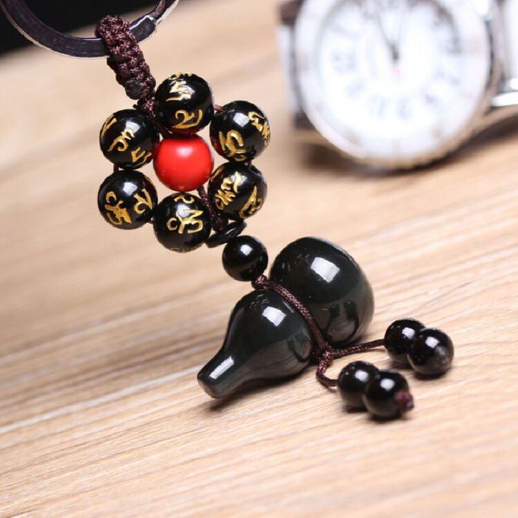 臻莱 开光黑曜石六字真言彩虹眼葫芦汽车钥匙扣挂件挂坠男女包挂