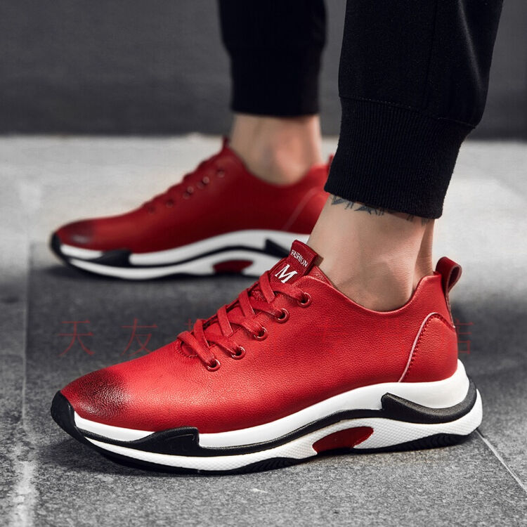 品牌男士休闲鞋真皮红色男鞋2018新品欧美时尚系带运动鞋舒适真皮个性