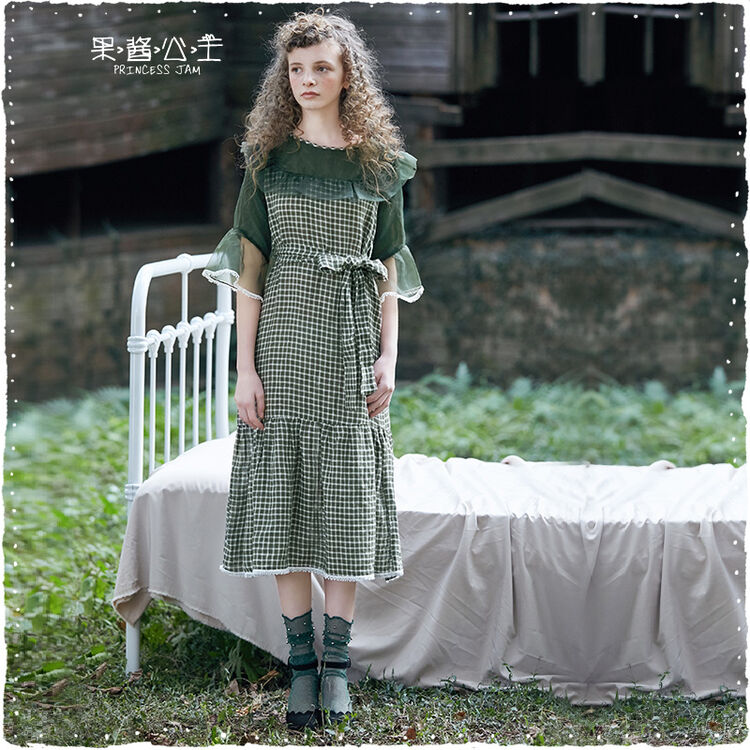 夏季连衣裙2018新款森系女装复古格子 丫丫 军绿色 s【图片 价格 品牌