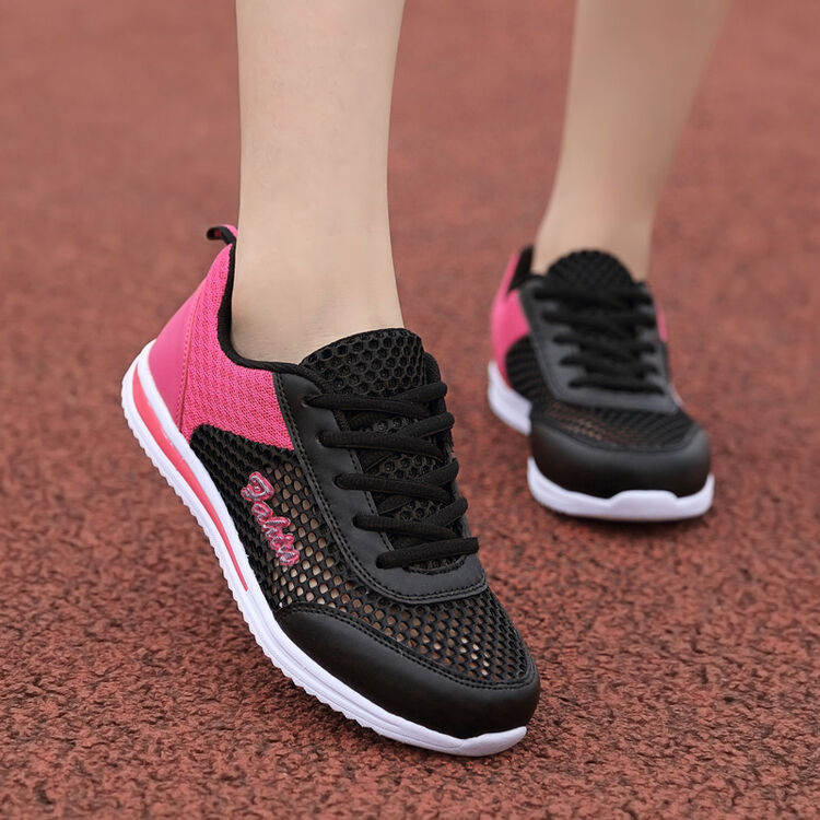轩途诗女鞋运动休闲鞋女夏季轻便平底跑步鞋 秒变女王 镂空网面黑色