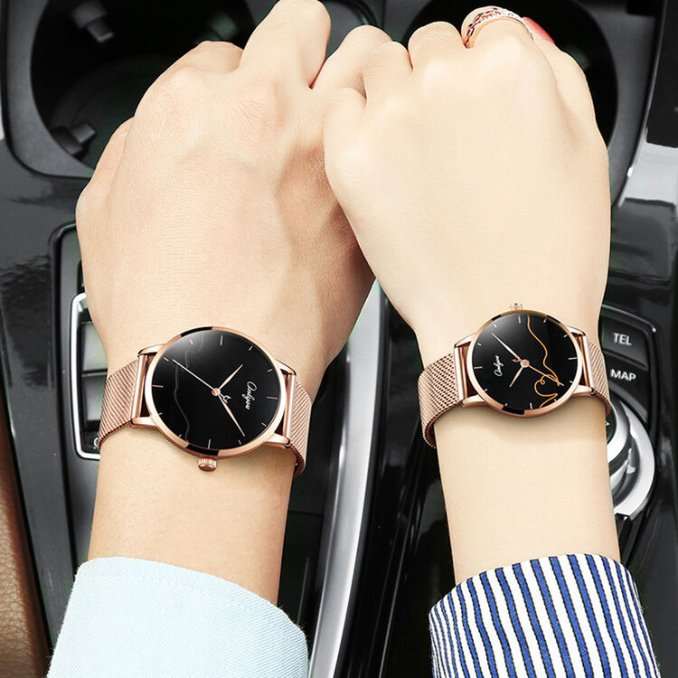 2018新款情侣手表一对潮流时尚学生心形男女防水石英对表 黑面玫瑰金
