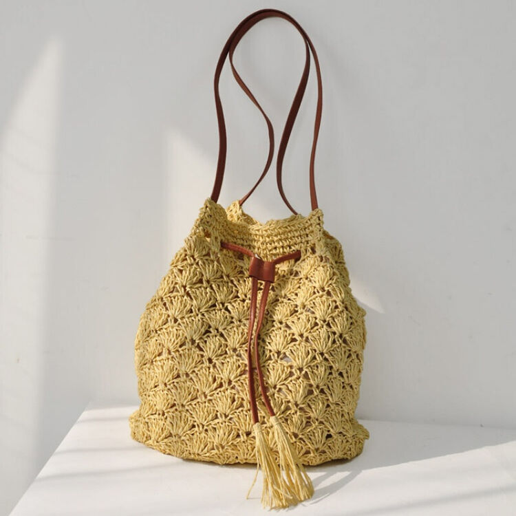 2018韩版单肩包女大包手提包 夏手钩针草编包编织包沙滩包草包 本色