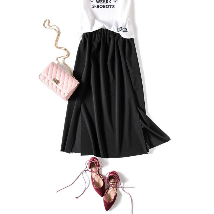 一片式半身裙218夏学生高腰显瘦开叉雪纺a字chic少女