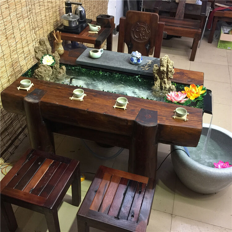 禅意流水鱼缸茶几仿古新中式茶桌椅组合实木阳台家具树根功夫茶台 全