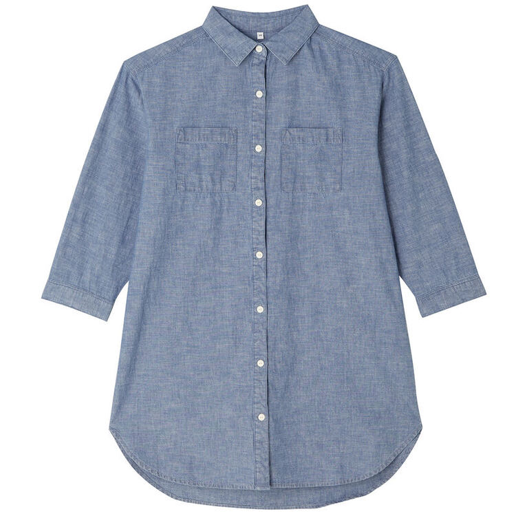 无印良品 muji 女式 棉钱布雷七分袖束腰长上衣 浅蓝色 l