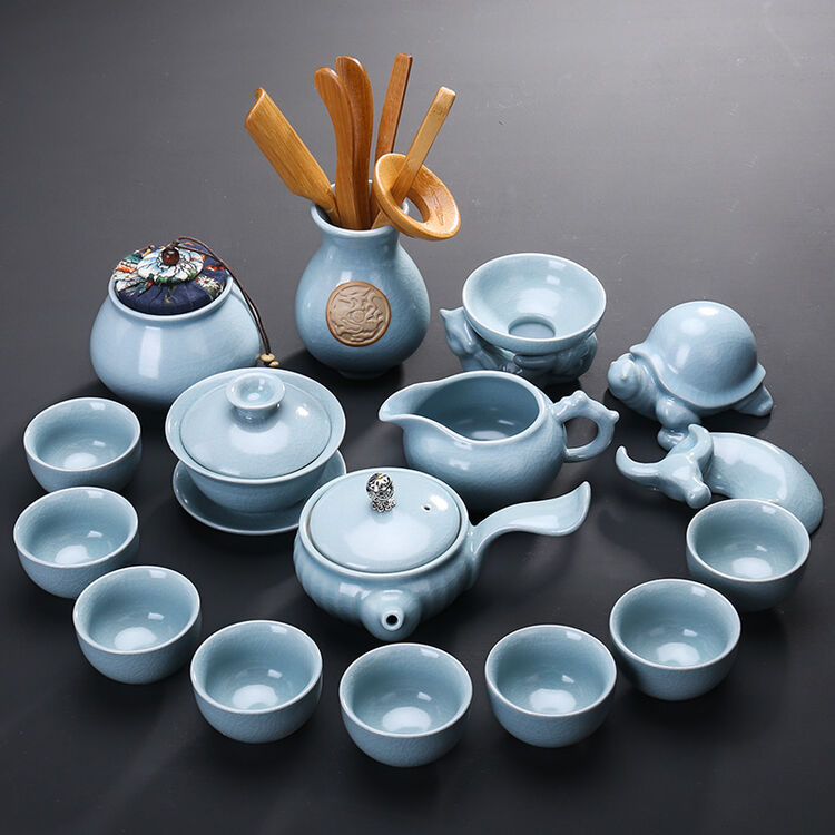 唐丰功夫茶具套装家用陶瓷整套泡茶器汝窑茶杯茶壶盖碗 瓜菱茶具16头