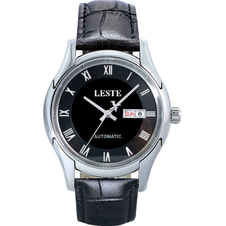 莱斯特(leste)男士机械表商务精钢背镂空手表时尚真皮带防水双日历男