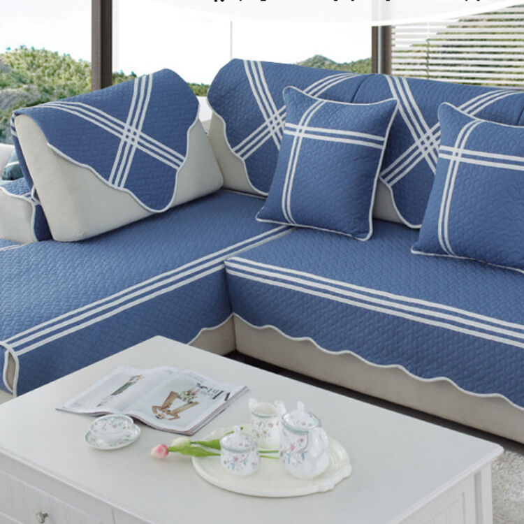 地中海纯棉四季通用沙发垫防滑坐垫沙发套沙发罩纯色蓝色 井上添花