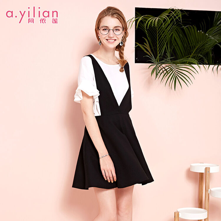 阿依莲2018夏装新款时尚背带裙套装女 短袖衬衣 黑色 s