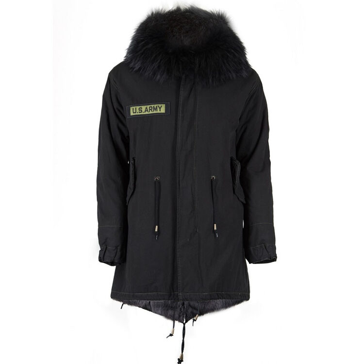 as65奢侈品男装 男款派克大衣 灰鼠毛皮内衬 貉子毛领 黑色 w2716lr