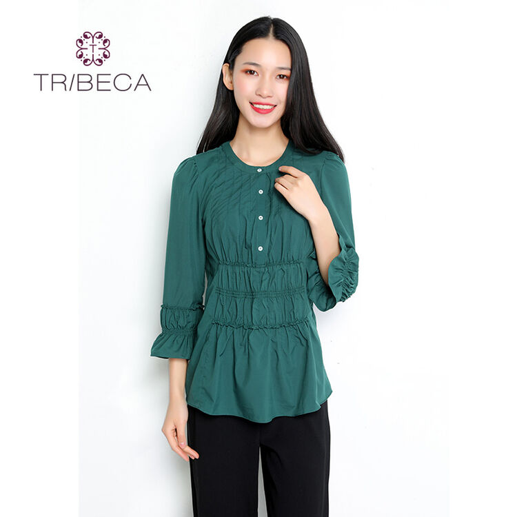 tribeca翠贝卡女装2018春季新款时尚修身淑女抽褶衬衫t800302l133 墨