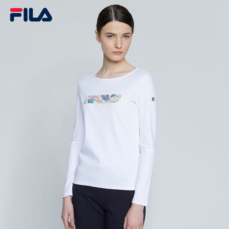fila斐乐 2018w系列女长袖t恤女装春季新款圆领打底衫运动服女 标准白
