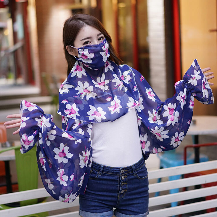 加大加宽款 夏季女防晒长手套口罩雪纺骑行开车护脸胳膊二件套 花朵宝