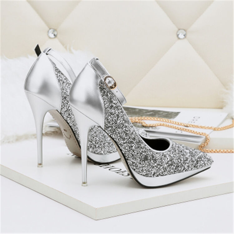 12厘米新款防水台时尚高跟鞋女细跟恨天高春夏季银色一字带单鞋 银色