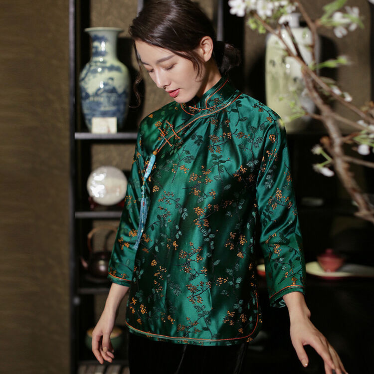 春款新品织锦缎撞色包边女复古盘扣立领中国风唐装上衣外套镜里观花