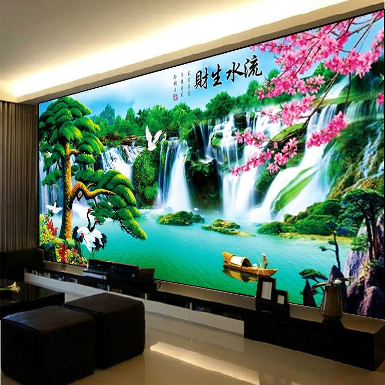 锦荷 迎客松十字绣流水生财新款客厅大幅满绣山水画风景简约现代线绣