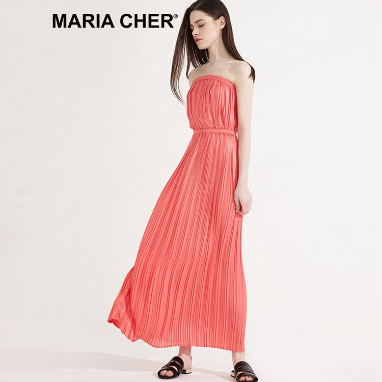 maria cher轻奢连衣裙女装欧美春夏款欧美橘粉色抹胸露肩长裙时尚