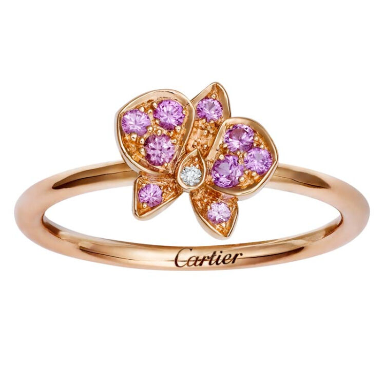 全球购 奢侈品 cartier卡地亚戒指单颗钻石粉红色蓝宝石镶嵌迷你款18k
