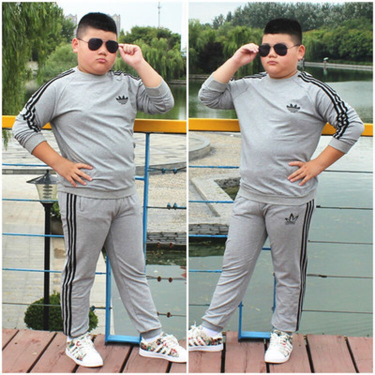 胖男童装春季加肥加大运动休闲卫衣裤子二件套装大码宽松胖孩 灰色917