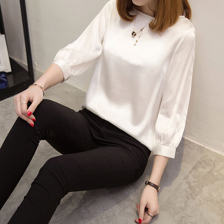 新款打底衫大码女装上衣宽松圆领七分袖t恤女 白色 m